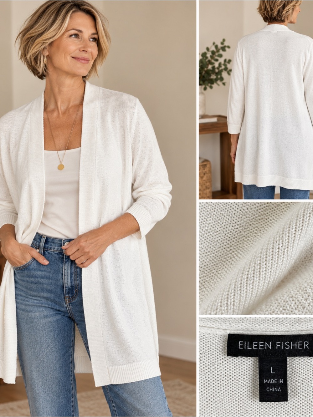 Eileen Fisher L Organic Linen Cotton Longline Open Cardigan White 3/4 Sleeve